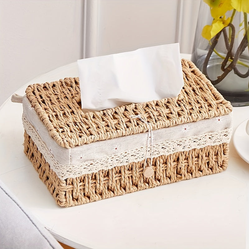 1pc Vintage Woven Tissue Box Cover with Lid - Durable Wicker-Style Rectangular Storage Organizer with Open Lid & Top, Beige/Brown Paper Rope Design for Living Room, Dining Room, Bathroom - Decorative & Functional Home Decor, Compatible with Modern &