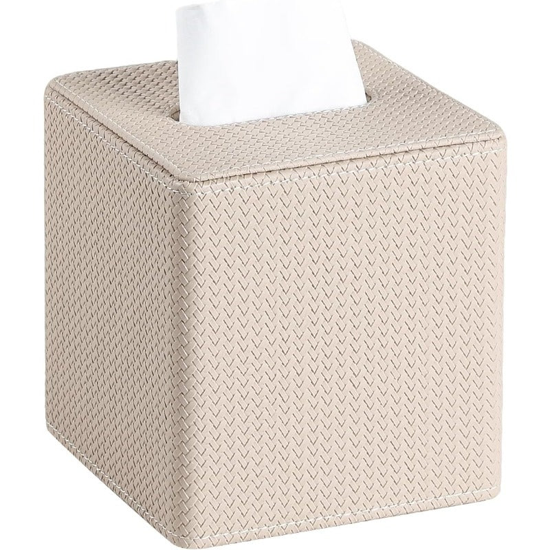 Modern Beige PU Leather Tissue Box Cover with Magnetic Closure - Square Woven Texture Design, Dust-Resistant Cube Holder for Bathroom Vanity, Bedroom Nightstand & Office - Fits Standard Tissues, Decorative Storage Organizer (No Clutter-Free Access)