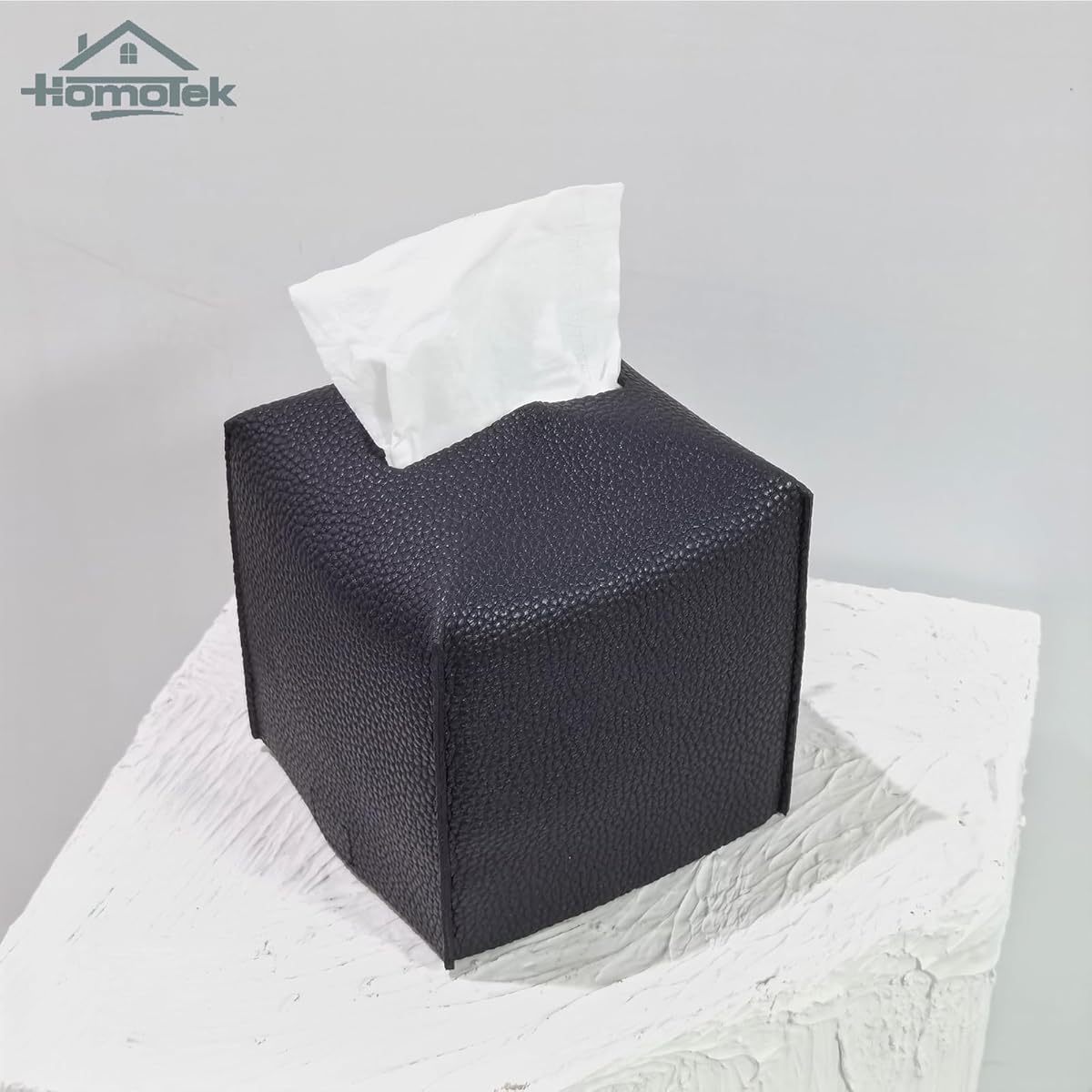 2 Pack Tissue Box Cover, Square Faux Leather Tissue Holder, Decorative Facial Tissue Cube Paper Organizer Dispenser for Bathroom, Night Stands, Desk, Car 5X5X5' ' - Matte Black, Pebble Grain