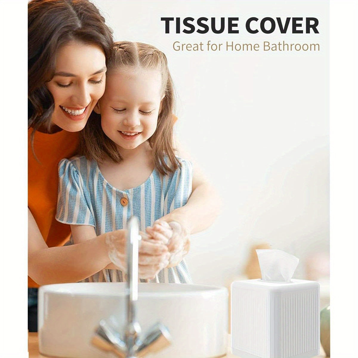 1pc Modern White Square Plastic Tissue Box Cover with Base - BPA-Free Decorative Cube Tissue Holder with Vertical Stripe Design, Easy-Open Base & Snug-Fit for Bathroom Vanity, Living Room, Bedroom, Office - Space-Saving Tissue Dispenser (5.5x5.5x6.0