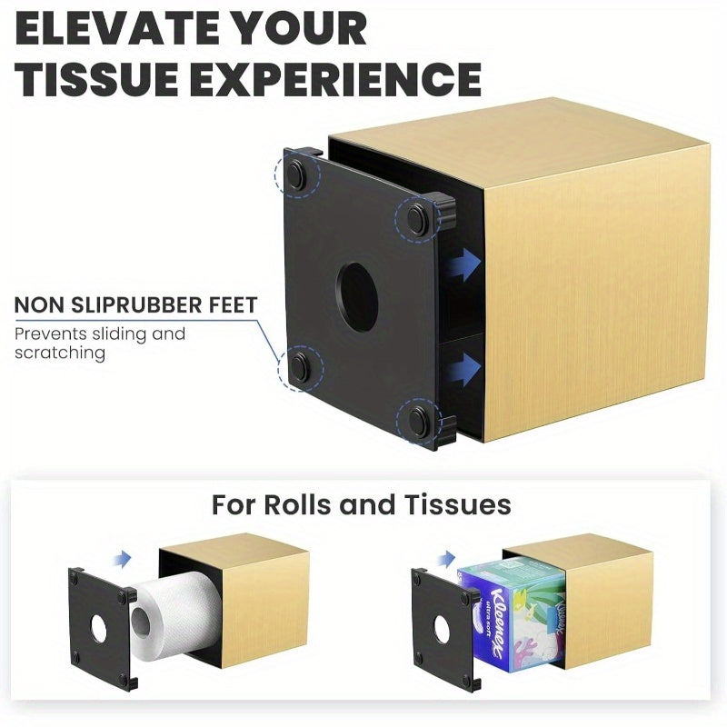 Modern Square Acrylic Tissue Box Cover & Holder - Golden Napkin Dispenser with White Interior, Glossy White & Golden Finish for Bathroom Vanity, Bedroom Dresser, Office Desk - Durable Decorative Storage Organizer, Space-Saving Design, Scratch-Resistant,