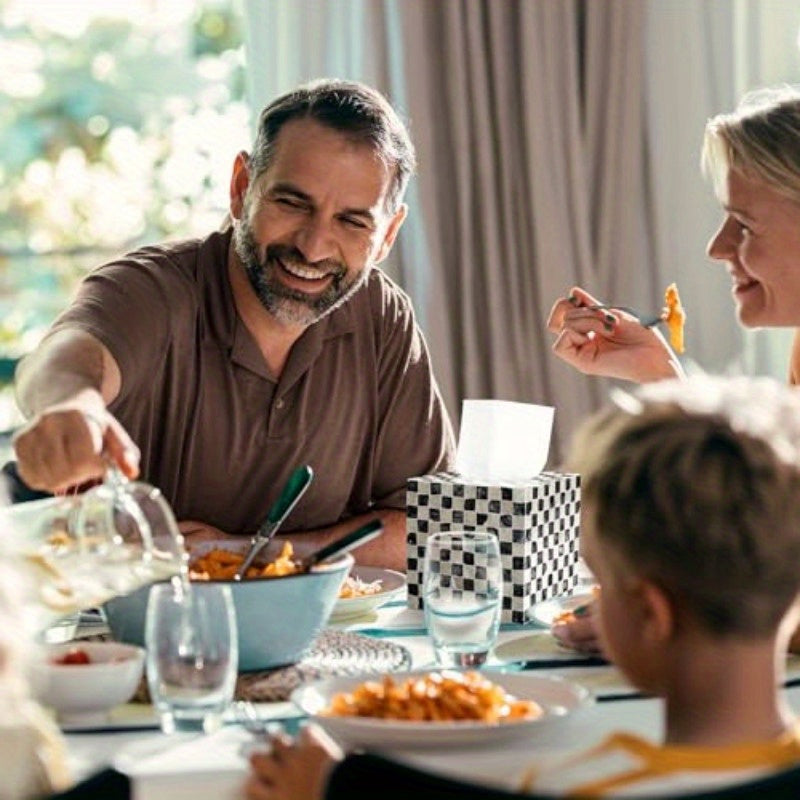 5.9 Inch Cube Tissue Box Cover - Elegant Black & White checkerboard pattern, Large Opening & Easy-Refill Design, Fits standard 5" tissue boxes - for Bathroom, Living Room, Office, Kitchen - Luxury Home Decor Organizer, Acacia Wood Construction
