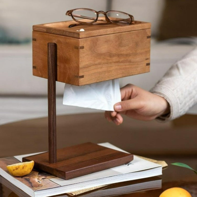 Standing Tissue Box - Sturdy Open-face Design, Compact Desktop Organizer for Home, Office, Hotel, Bathroom - Compatible with Standard Tissues - Modern Minimalist Vintage Decor - Recycled Wood Construction, Hotel Room Accessory, Minimalist Design, Dark