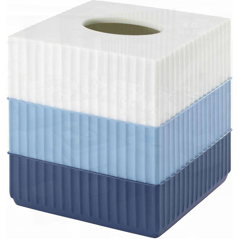 1pc Modern Resin Tissue Box Cover - Elegant White & Blue Horizontal Striped Bathroom Storage with Rounded Lid, Durable & Easy-Clean Design, Compatible with Standard Tissues, Decorative Organizer for Countertop, Dorm, or Bathroom Decor (Light