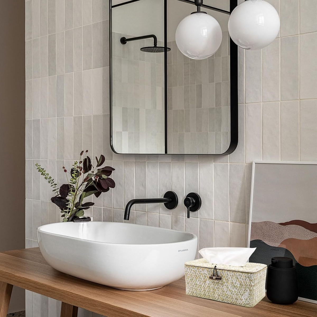 Tissue Box Cover Rectangle Seagrass Tissue Box, Woven Tissue Box Holder with Lid, Farmhouse Tissue Cover for Bathroom Toilet Living Room Bedroom Kitchen Table Desk Office, Whitewash