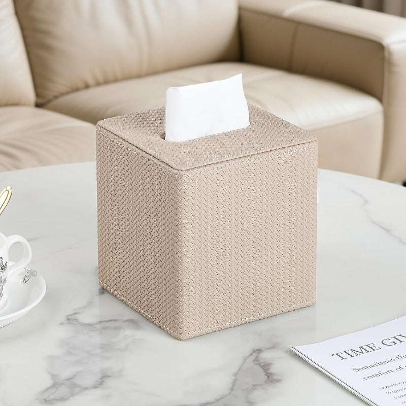 Modern Beige PU Leather Tissue Box Cover with Magnetic Closure - Square Woven Texture Design, Dust-Resistant Cube Holder for Bathroom Vanity, Bedroom Nightstand & Office - Fits Standard Tissues, Decorative Storage Organizer (No Clutter-Free Access)
