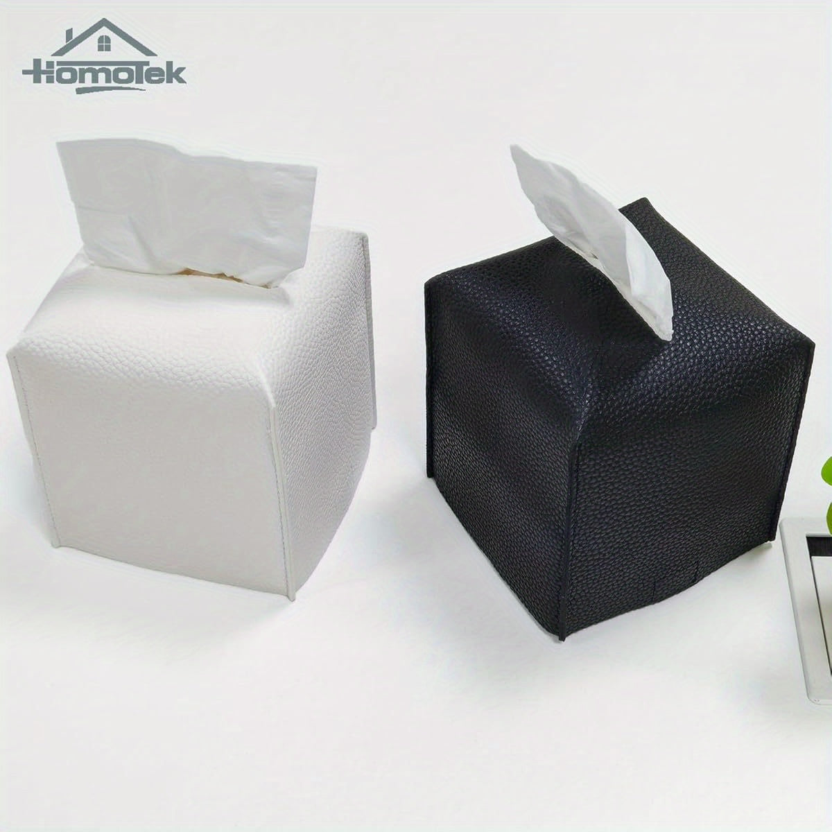 2 Pack Tissue Box Cover, Square Faux Leather Tissue Holder, Decorative Facial Tissue Cube Paper Organizer Dispenser for Bathroom, Night Stands, Desk, Car 5X5X5' ' - Matte Black, Pebble Grain