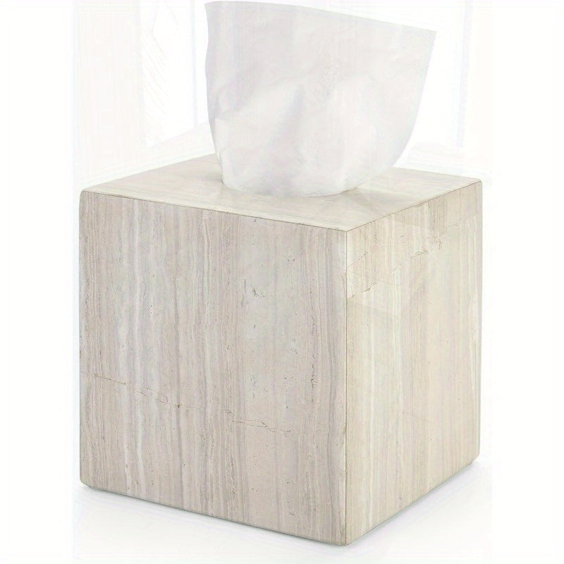 Natural Travertine Marble Tissue Box Holder - Square Cube Design with Open Bottom Access, Beige & Grey Marble Pattern, Anti-Slip Base & Polished Finish, Fits Bathroom Vanity, Bedroom Dresser, Kitchen Countertop - Luxury Storage Organizer for Tissues
