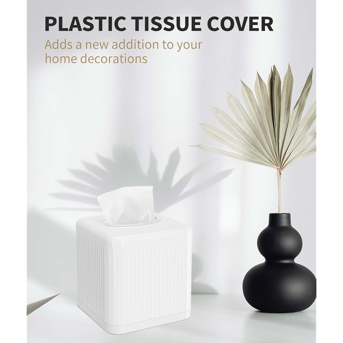 1pc Modern White Square Plastic Tissue Box Cover with Base - BPA-Free Decorative Cube Tissue Holder with Vertical Stripe Design, Easy-Open Base & Snug-Fit for Bathroom Vanity, Living Room, Bedroom, Office - Space-Saving Tissue Dispenser (5.5x5.5x6.0