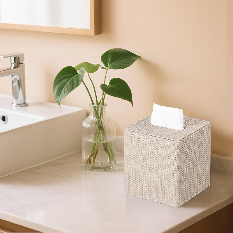 Modern Beige PU Leather Tissue Box Cover with Magnetic Closure - Square Woven Texture Design, Dust-Resistant Cube Holder for Bathroom Vanity, Bedroom Nightstand & Office - Fits Standard Tissues, Decorative Storage Organizer (No Clutter-Free Access)