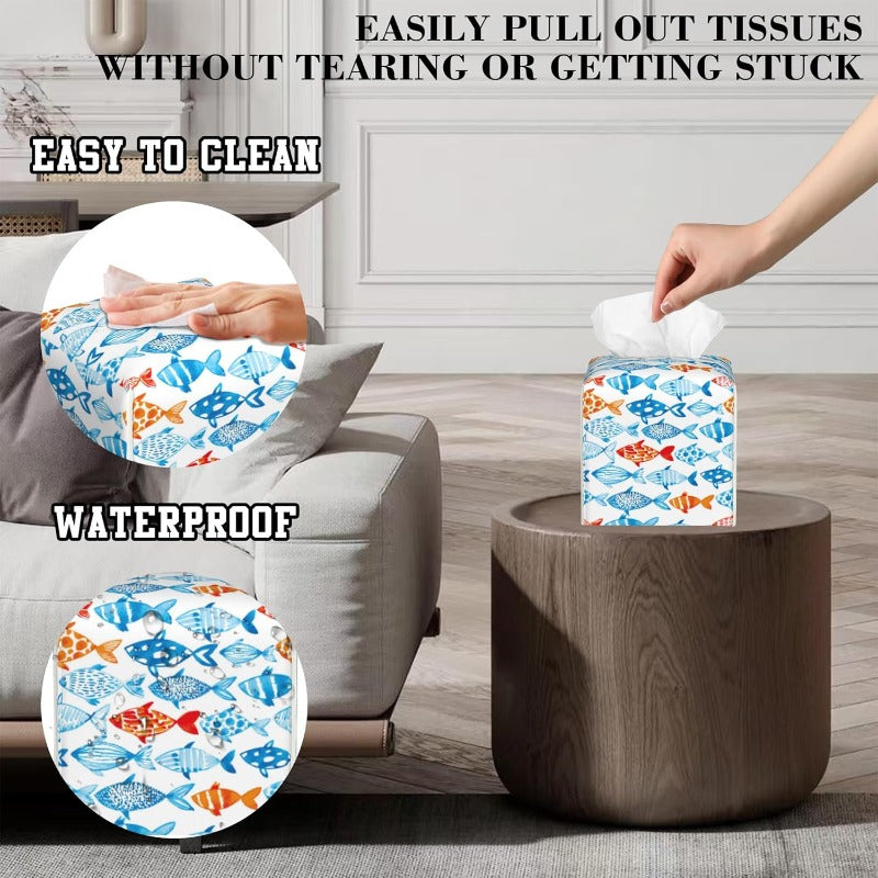 Modern Fish Design Tissue Box Holder - High Quality & Stain-Resistant PVC Leather Square Cube Cover with Blue, Orange, Red, White, Black, Gray, Pink, Brown Fish Pattern - Fits Bathroom, Living Room, Kitchen, Office - Decorative Storage Organizer for