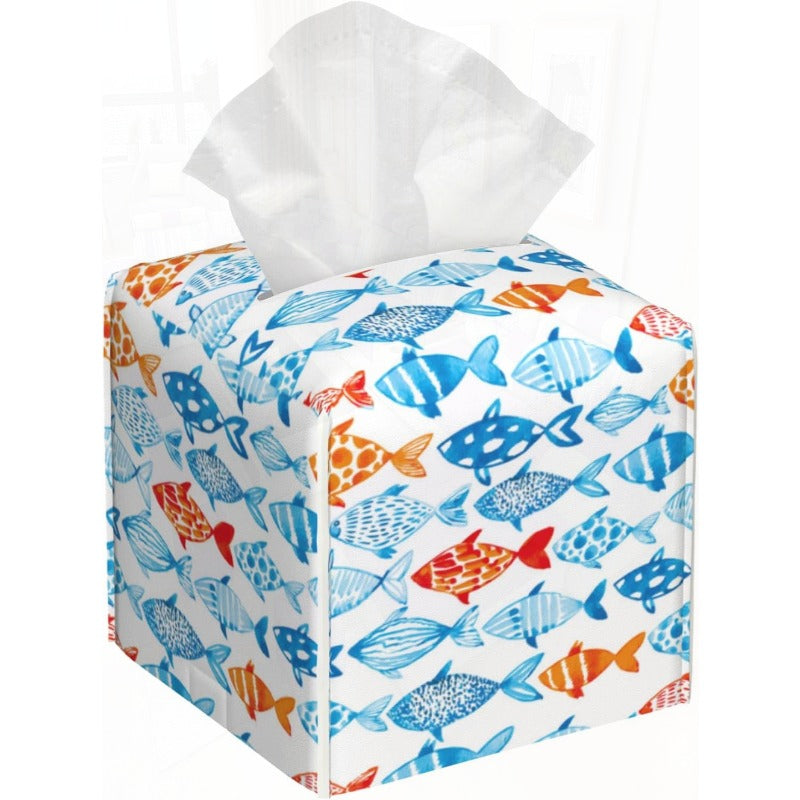 Modern Fish Design Tissue Box Holder - High Quality & Stain-Resistant PVC Leather Square Cube Cover with Blue, Orange, Red, White, Black, Gray, Pink, Brown Fish Pattern - Fits Bathroom, Living Room, Kitchen, Office - Decorative Storage Organizer for