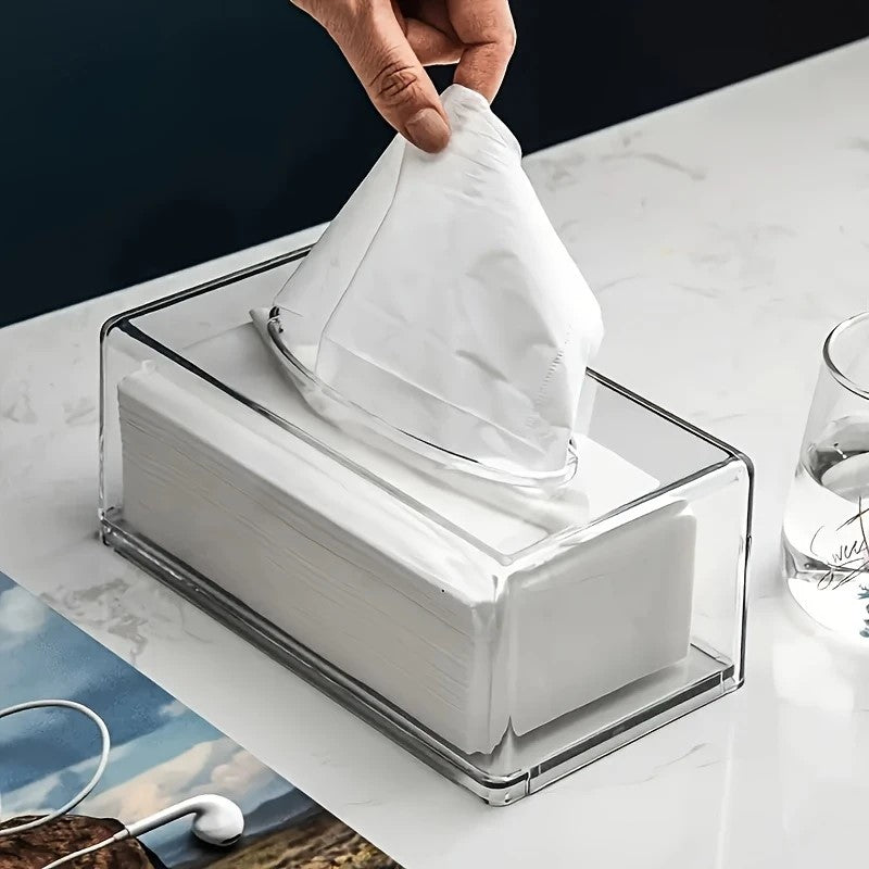 A Modern Transparent Acrylic Tissue Box Cover with a Minimalist Design, Featuring a Smooth Tissue Outlet, Suitable for Decorating Bathrooms And Living Rooms.