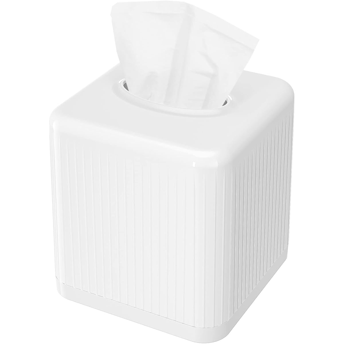 1pc Modern White Square Plastic Tissue Box Cover with Base - BPA-Free Decorative Cube Tissue Holder with Vertical Stripe Design, Easy-Open Base & Snug-Fit for Bathroom Vanity, Living Room, Bedroom, Office - Space-Saving Tissue Dispenser (5.5x5.5x6.0