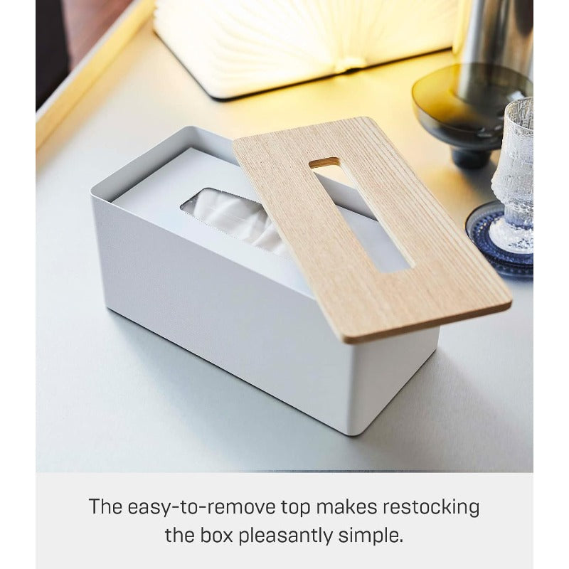 Home Rin Modern White & Natural Wood-Like Tissue Box Cover with Steel Frame & Wood Lid - Reusable Round Bathroom/Kitchen Tissue Holder, Space-Saving Design, Durable Metal Construction, Decorative Storage Case for Tissues, Fits Standard Roll (No