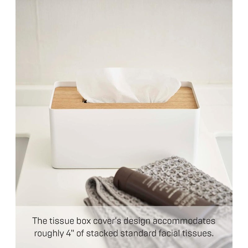 Home Rin Modern White & Natural Wood-Like Tissue Box Cover with Steel Frame & Wood Lid - Reusable Round Bathroom/Kitchen Tissue Holder, Space-Saving Design, Durable Metal Construction, Decorative Storage Case for Tissues, Fits Standard Roll (No