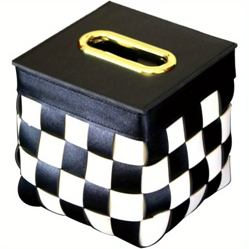 Modern Cube Tissue Box Cover - Black and White checkerboard, Farmhouse Decor with Golden Accent, Bathroom/Desk Organizer, Tissue Dispenser for Living Room, Bedroom, Office - Housewarming Gift, Bedroom Accessory, Contemporary Design, Durable Construction
