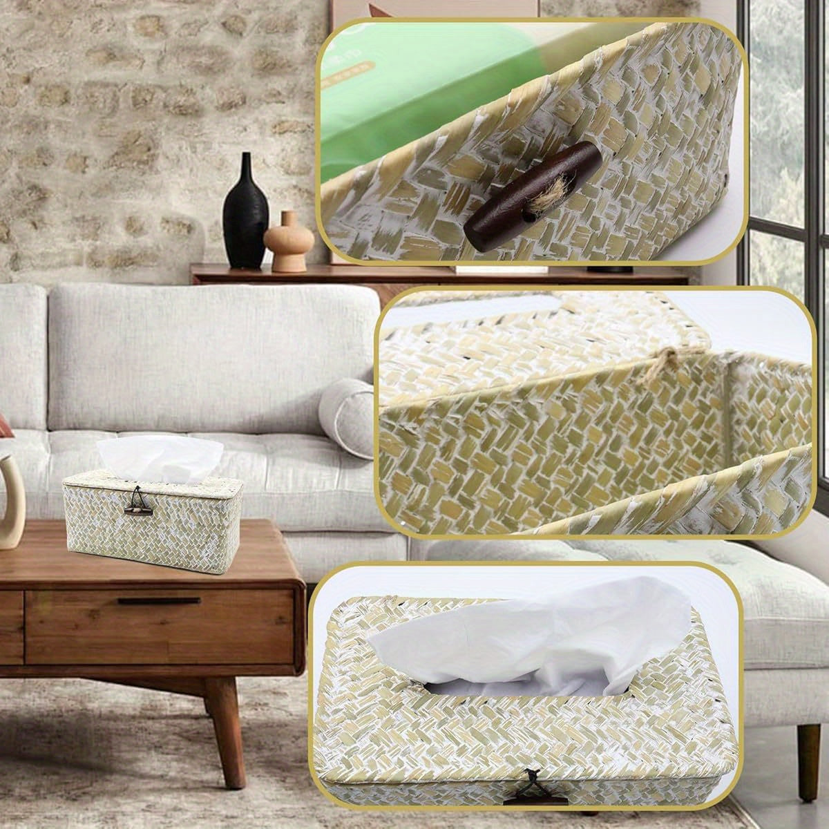 Tissue Box Cover Rectangle Seagrass Tissue Box, Woven Tissue Box Holder with Lid, Farmhouse Tissue Cover for Bathroom Toilet Living Room Bedroom Kitchen Table Desk Office, Whitewash