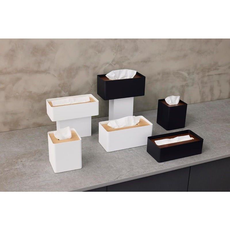 Home Rin Modern White & Natural Wood-Like Tissue Box Cover with Steel Frame & Wood Lid - Reusable Round Bathroom/Kitchen Tissue Holder, Space-Saving Design, Durable Metal Construction, Decorative Storage Case for Tissues, Fits Standard Roll (No