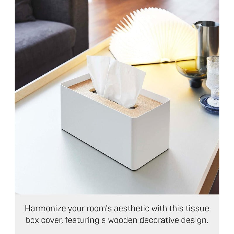 Home Rin Modern White & Natural Wood-Like Tissue Box Cover with Steel Frame & Wood Lid - Reusable Round Bathroom/Kitchen Tissue Holder, Space-Saving Design, Durable Metal Construction, Decorative Storage Case for Tissues, Fits Standard Roll (No