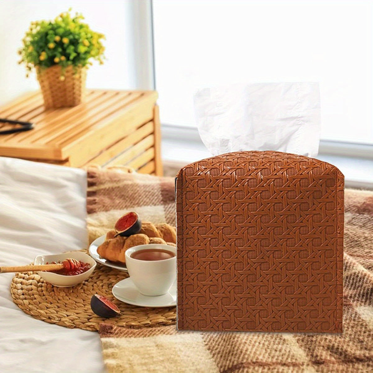 Elegant Square Tissue Box Cover with Textured Pattern - 5"x5"x5" Camel Design, Durable Plastic Bathroom Organizer for Tissues, Toiletries & Cosmetics, Toiletry Storage, Decorative Holder, Sturdy Construction