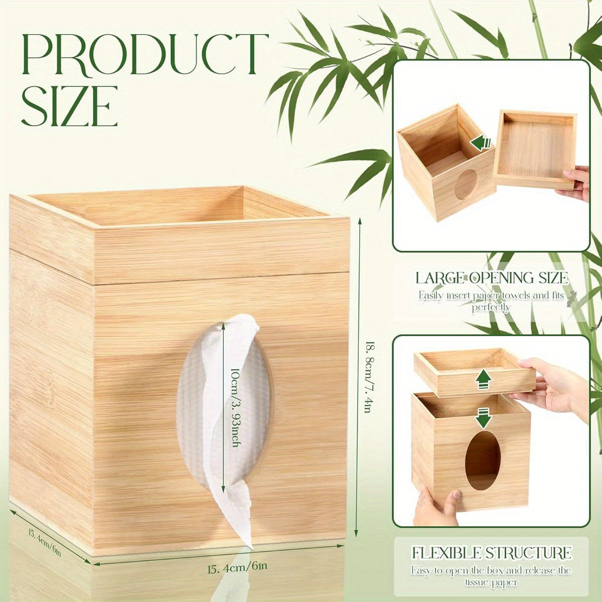 Bamboo Tissue Box Cover with Storage Tray - Square 6"x6"x7.4" Durable Plastic Holder for Bathroom, Bedroom, Office & Tabletop - High-Quality, Easy-Clean Design, Bathroom Organizer, Natural Aesthetic, Smooth Texture