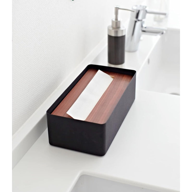 Modern Rectangular Tissue Box Holder with Walnut Wood Lid - Steel Frame & Natural Wood Finish, Black & Brown Tissue Dispenser Organizer with Top Storage Shelf for Bathroom, Living Room, Office - Durable Metal & Wood Construction, Space-Saving Design,