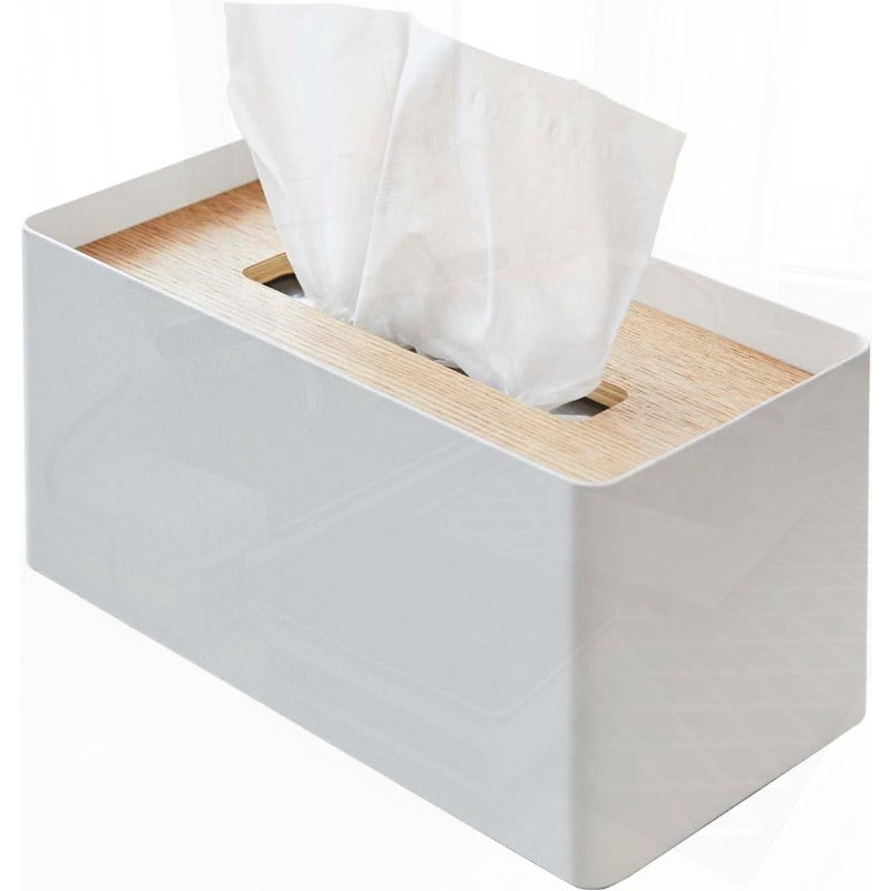 Home Rin Modern White & Natural Wood-Like Tissue Box Cover with Steel Frame & Wood Lid - Reusable Round Bathroom/Kitchen Tissue Holder, Space-Saving Design, Durable Metal Construction, Decorative Storage Case for Tissues, Fits Standard Roll (No