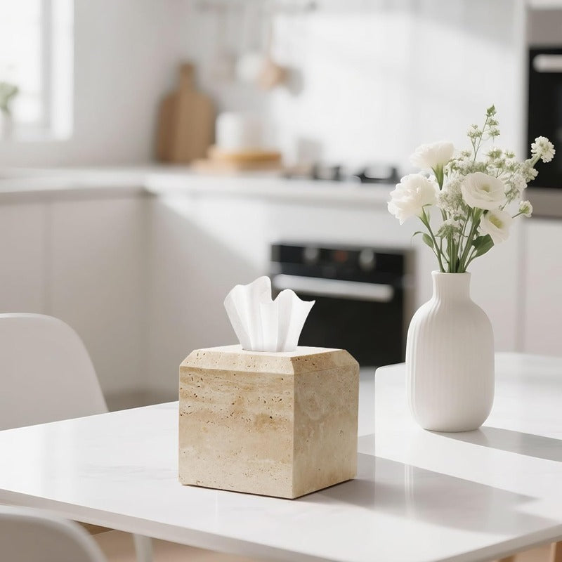 1pc Heavy Duty Natural Marble Tissue Box Holder & Toilet Paper Dispenser - Beige/Beige/ Brown/Gray/White - Elegant Marble Pattern, -Slip Base, One-Hand Opening, Fits Square Tissues - Ideal for Bathroom, Living Room, Office - Decorative Storage Organizer -