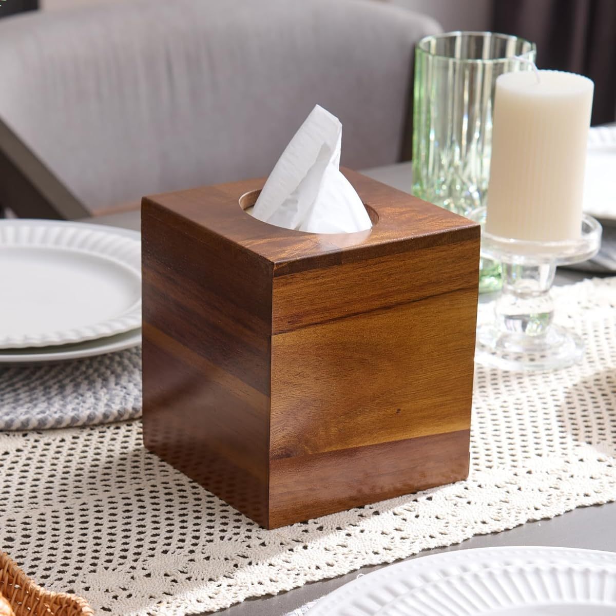Acacia Wood-Style Plastic Tissue Box Cover - Square Decorative Cube Holder with Natural Grain Finish, 5.3x5.3x5.9 Inches, Moisture-Resistant for Bathroom, Living Room & Dining Table Decor