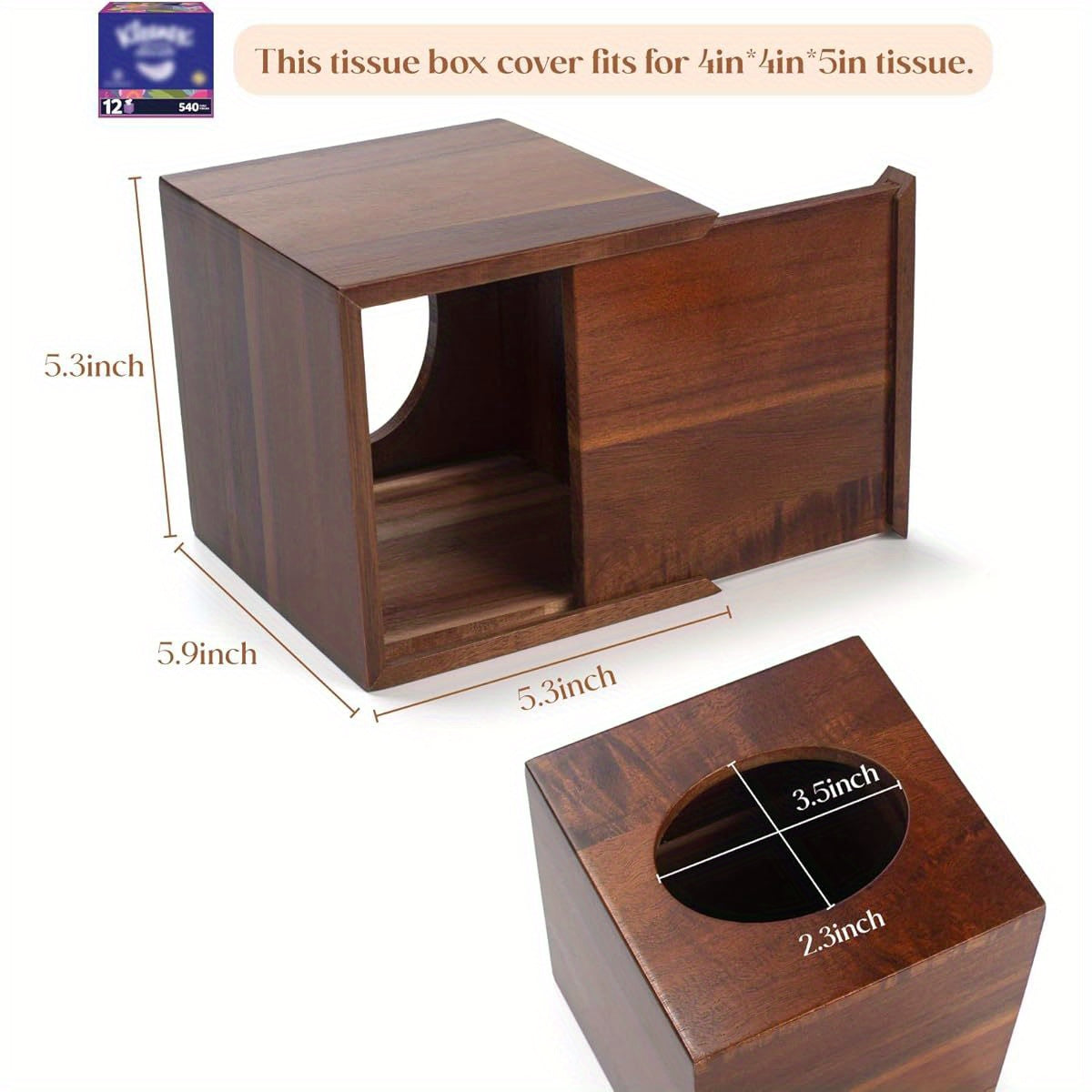 Acacia Wood-Style Plastic Tissue Box Cover - Square Decorative Cube Holder with Natural Grain Finish, 5.3x5.3x5.9 Inches, Moisture-Resistant for Bathroom, Living Room & Dining Table Decor