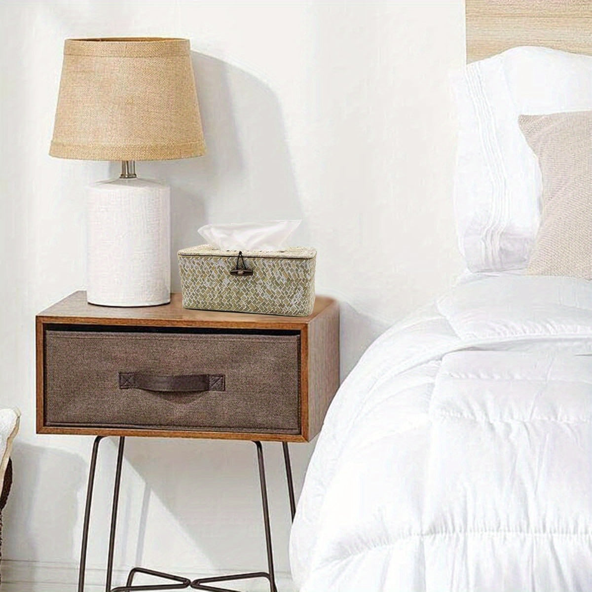 Tissue Box Cover Rectangle Seagrass Tissue Box, Woven Tissue Box Holder with Lid, Farmhouse Tissue Cover for Bathroom Toilet Living Room Bedroom Kitchen Table Desk Office, Whitewash