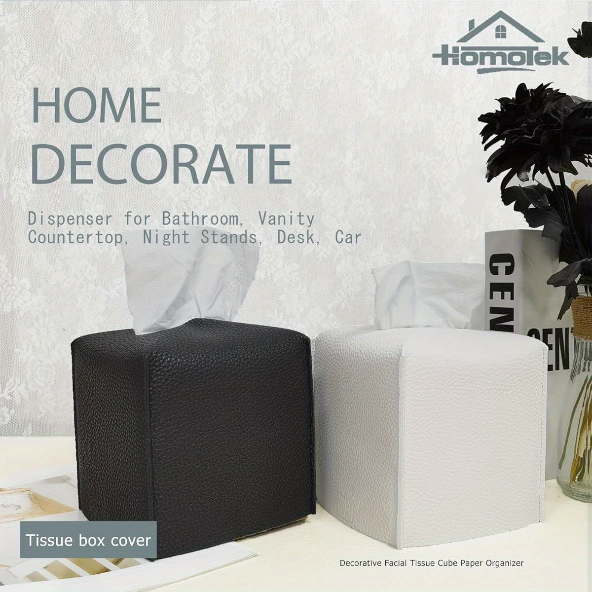 2 Pack Tissue Box Cover, Square Faux Leather Tissue Holder, Decorative Facial Tissue Cube Paper Organizer Dispenser for Bathroom, Night Stands, Desk, Car 5X5X5' ' - Matte Black, Pebble Grain