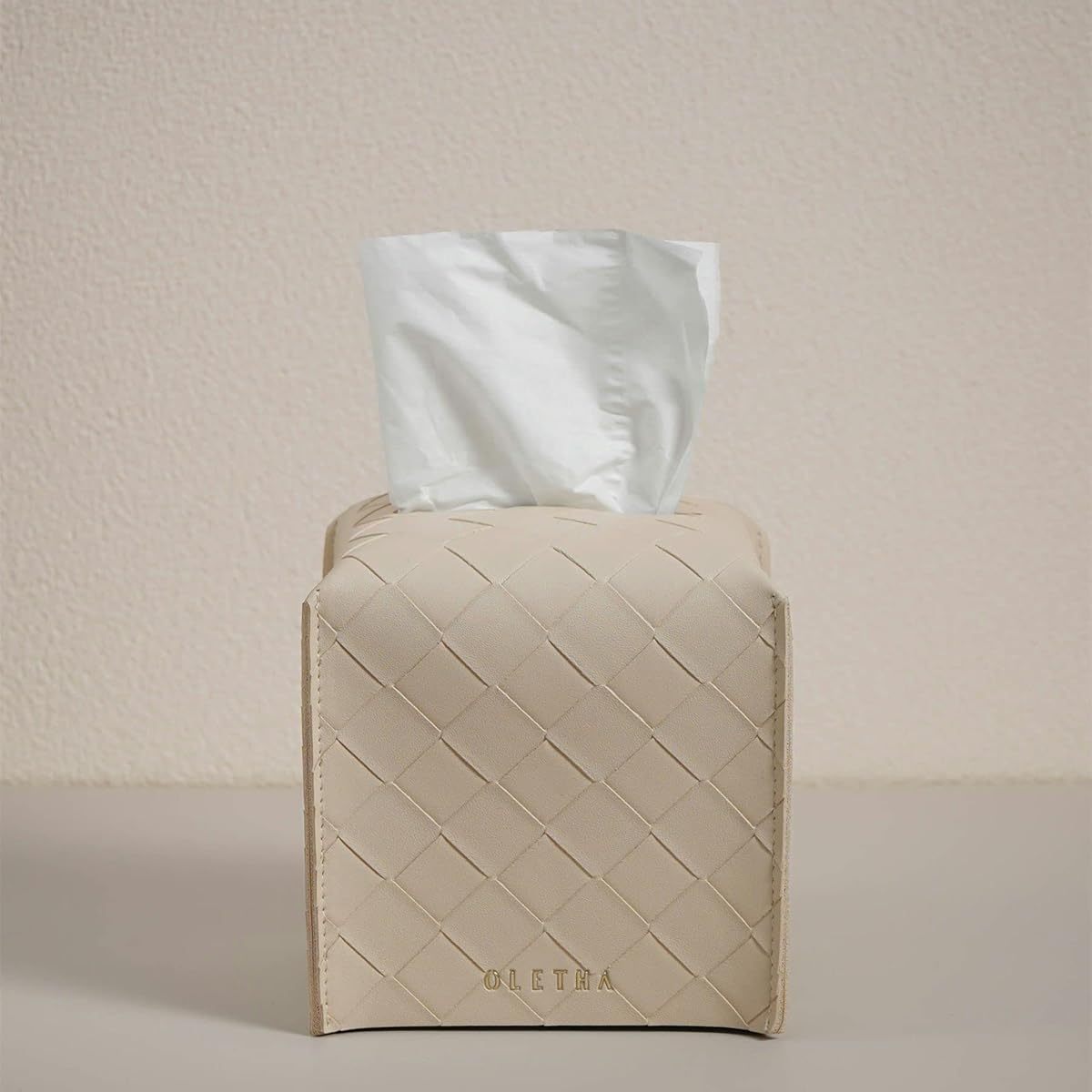 Square Tissue Box Cover, Set of 2 - Aesthetic Tissues Cube Boxes Holder - Desk Decor for Room, Home & Office - Woven Textured, Light Taupe