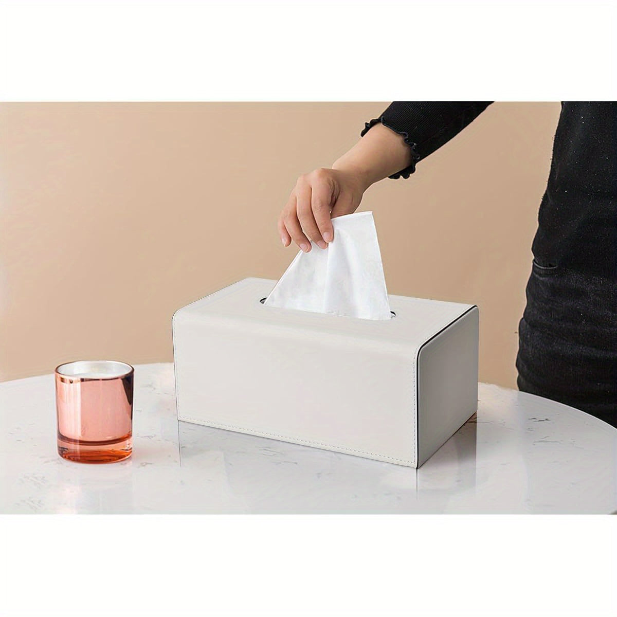 KINGFOM PU Leather Tissue Box Cover with Magnetic Closure - Modern Rectangular White Tissue Holder with Black Trim, Soft Flannel Lining & Sturdy Frame, Decorative Storage for Facial Tissues/Napkins, Fits Living Room, Office, Bedroom - Easy-Clean Surface,
