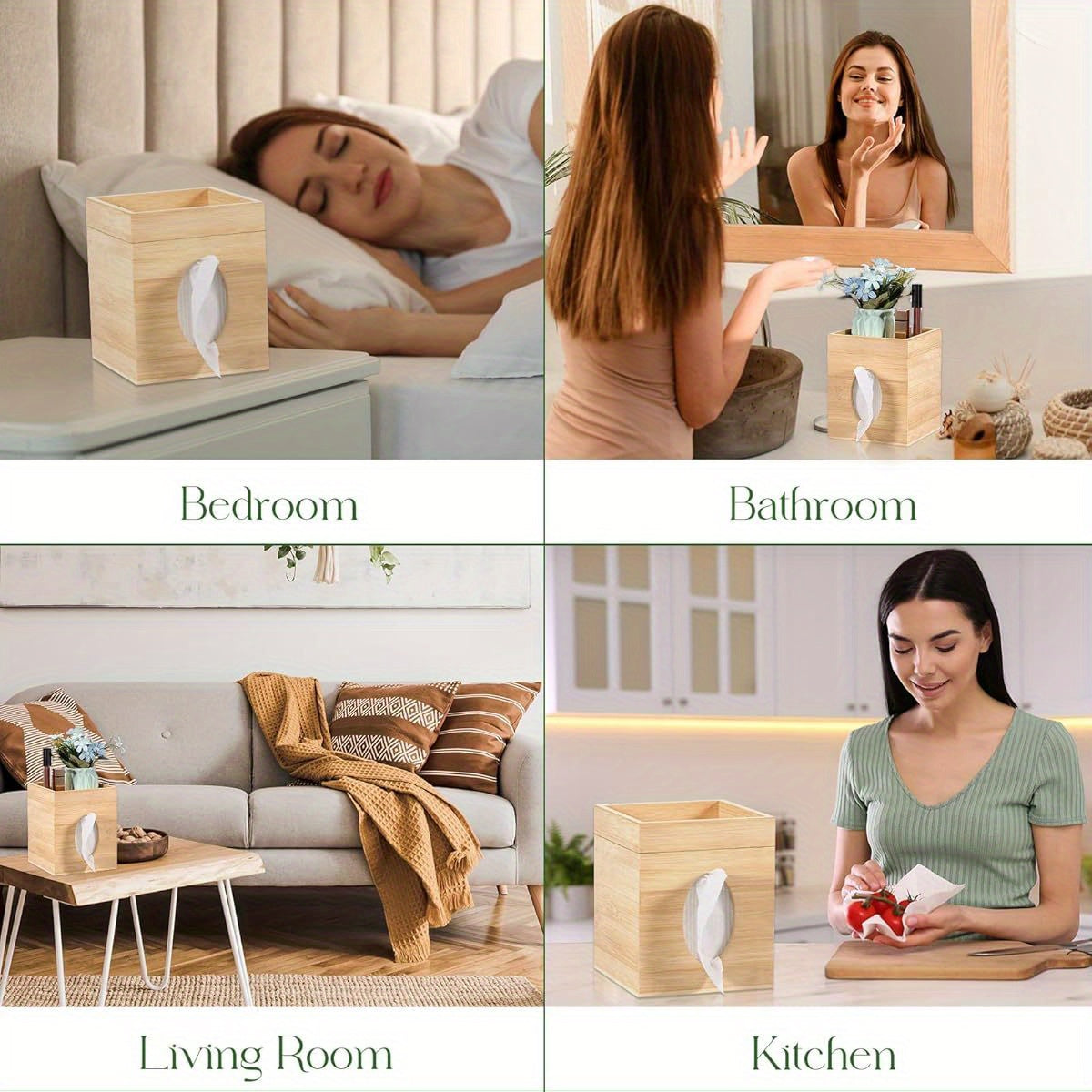 Bamboo Tissue Box Cover with Storage Tray - Square 6"x6"x7.4" Durable Plastic Holder for Bathroom, Bedroom, Office & Tabletop - High-Quality, Easy-Clean Design, Bathroom Organizer, Natural Aesthetic, Smooth Texture