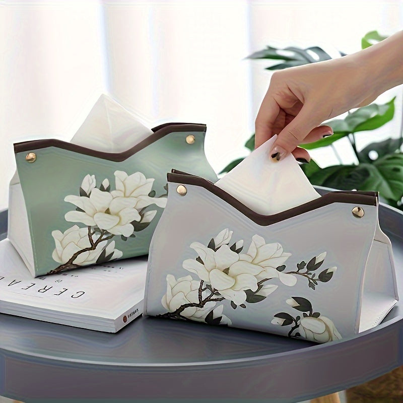1pc Elegant Floral Printed PU Leather Tissue Box with Golden-Tone Hardware - White & Mint Green Rectangular Tissue Holder & Storage Organizer, Decorative Napkin Dispenser for Bathroom, Living Room, Bedroom Vanity Countertop - Durable & Easy-Clean Modern