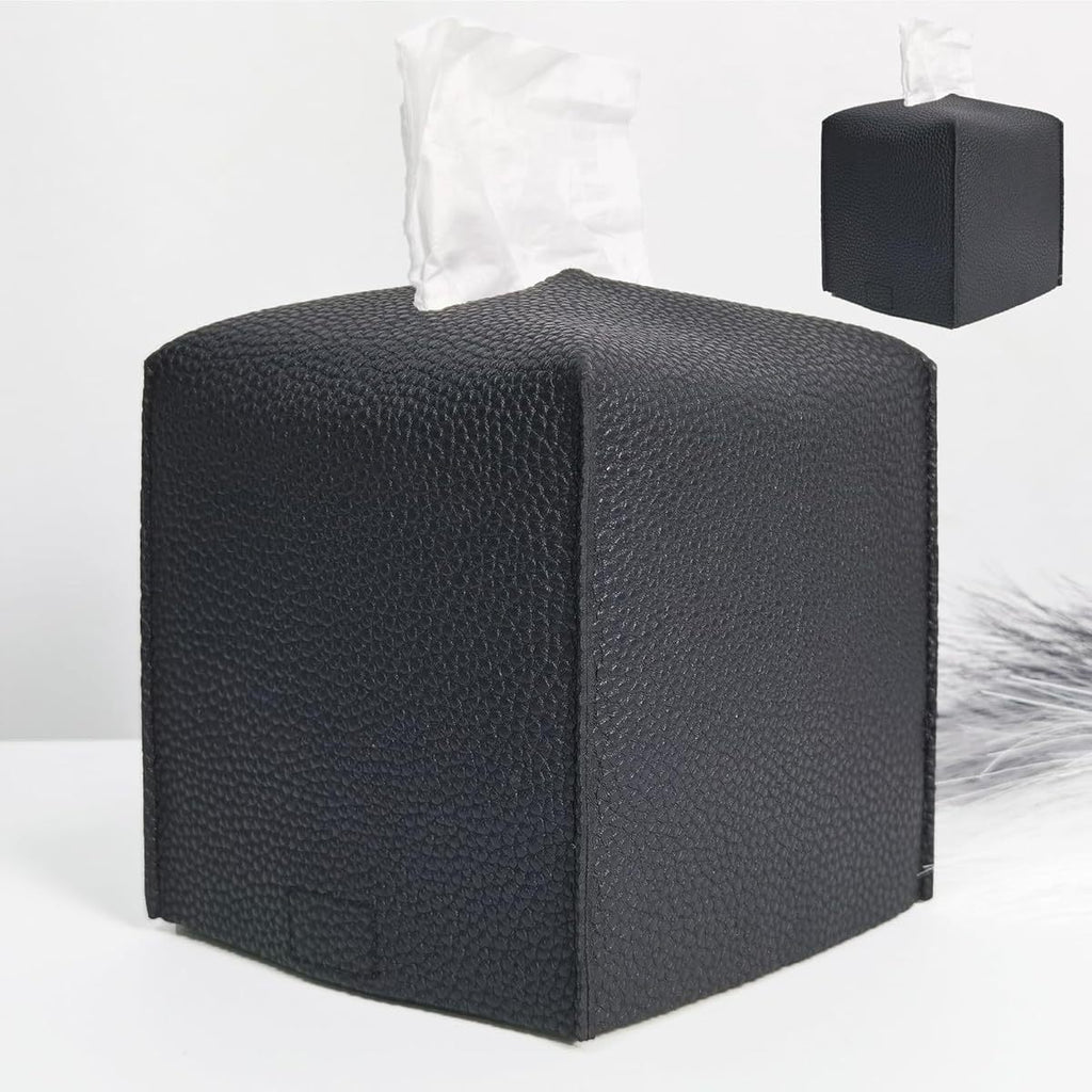 2 Pack Tissue Box Cover, Square Faux Leather Tissue Holder, Decorative Facial Tissue Cube Paper Organizer Dispenser for Bathroom, Night Stands, Desk, Car 5X5X5' ' - Matte Black, Pebble Grain