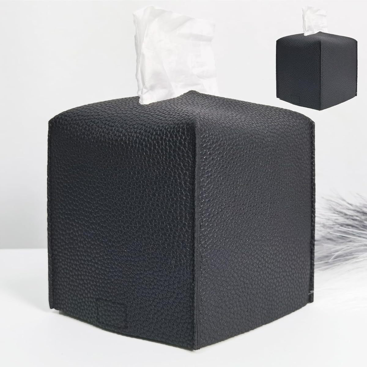 2 Pack Tissue Box Cover, Square Faux Leather Tissue Holder, Decorative Facial Tissue Cube Paper Organizer Dispenser for Bathroom, Night Stands, Desk, Car 5X5X5' ' - Matte Black, Pebble Grain