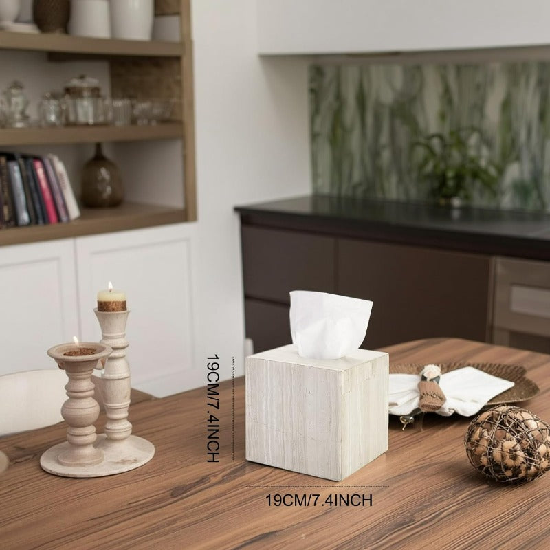 Natural Travertine Marble Tissue Box Holder - Square Cube Design with Open Bottom Access, Beige & Grey Marble Pattern, Anti-Slip Base & Polished Finish, Fits Bathroom Vanity, Bedroom Dresser, Kitchen Countertop - Luxury Storage Organizer for Tissues