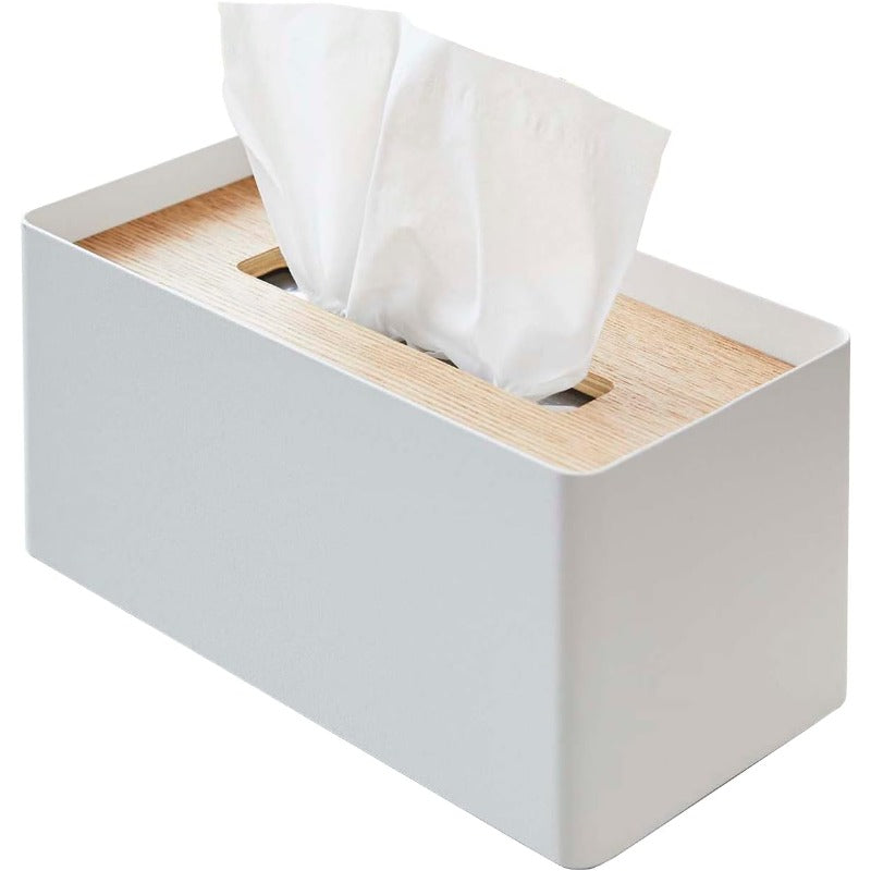 Home Rin Modern White & Natural Wood-Like Tissue Box Cover with Steel Frame & Wood Lid - Reusable Round Bathroom/Kitchen Tissue Holder, Space-Saving Design, Durable Metal Construction, Decorative Storage Case for Tissues, Fits Standard Roll (No