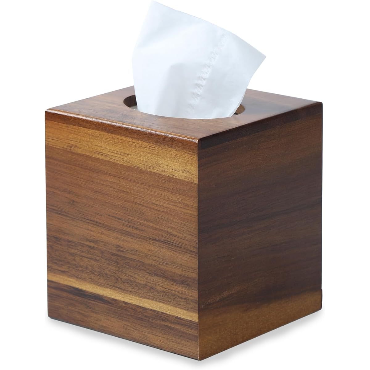 Acacia Wood-Style Plastic Tissue Box Cover - Square Decorative Cube Holder with Natural Grain Finish, 5.3x5.3x5.9 Inches, Moisture-Resistant for Bathroom, Living Room & Dining Table Decor