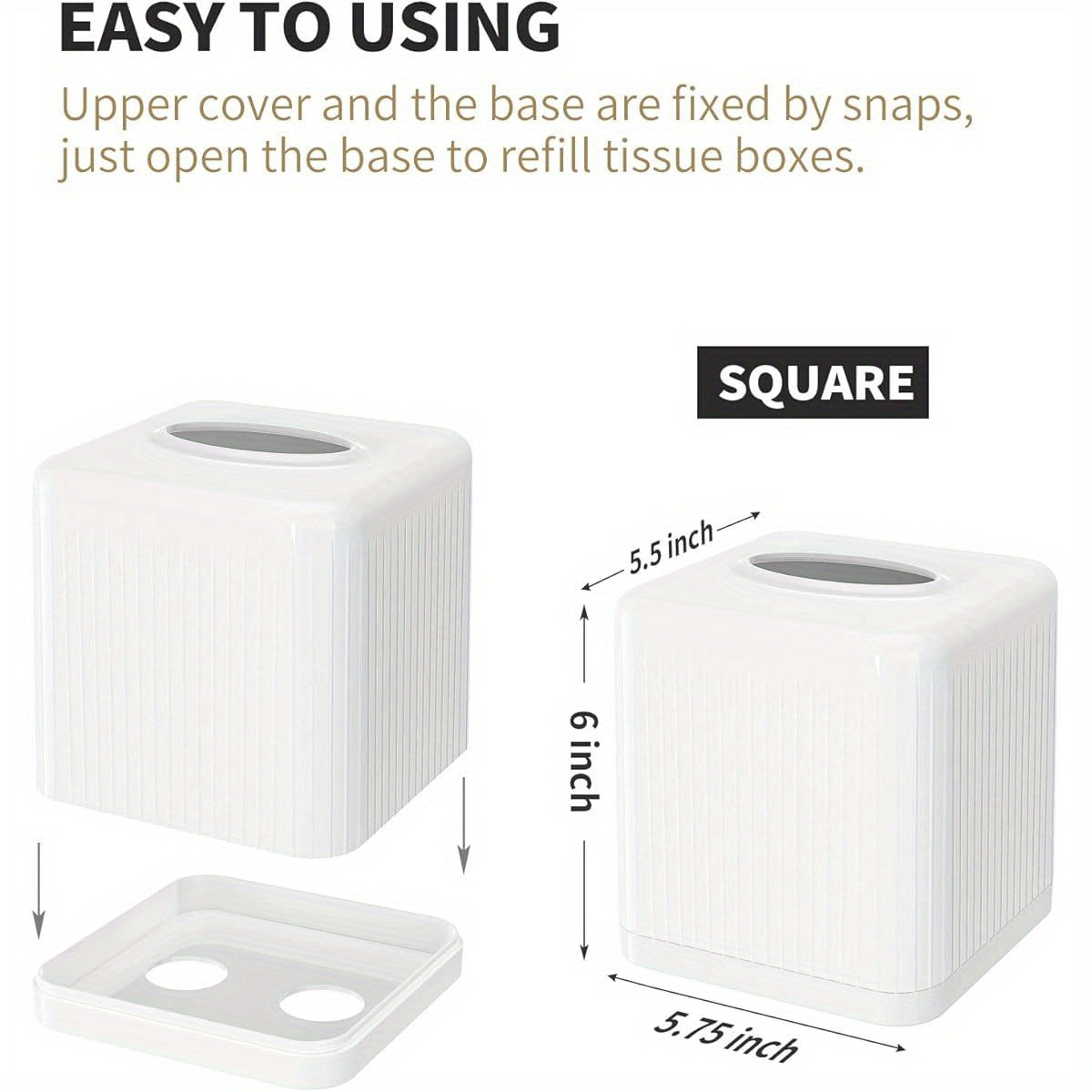 1pc Modern White Square Plastic Tissue Box Cover with Base - BPA-Free Decorative Cube Tissue Holder with Vertical Stripe Design, Easy-Open Base & Snug-Fit for Bathroom Vanity, Living Room, Bedroom, Office - Space-Saving Tissue Dispenser (5.5x5.5x6.0
