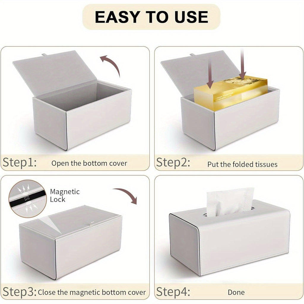 KINGFOM PU Leather Tissue Box Cover with Magnetic Closure - Modern Rectangular White Tissue Holder with Black Trim, Soft Flannel Lining & Sturdy Frame, Decorative Storage for Facial Tissues/Napkins, Fits Living Room, Office, Bedroom - Easy-Clean Surface,