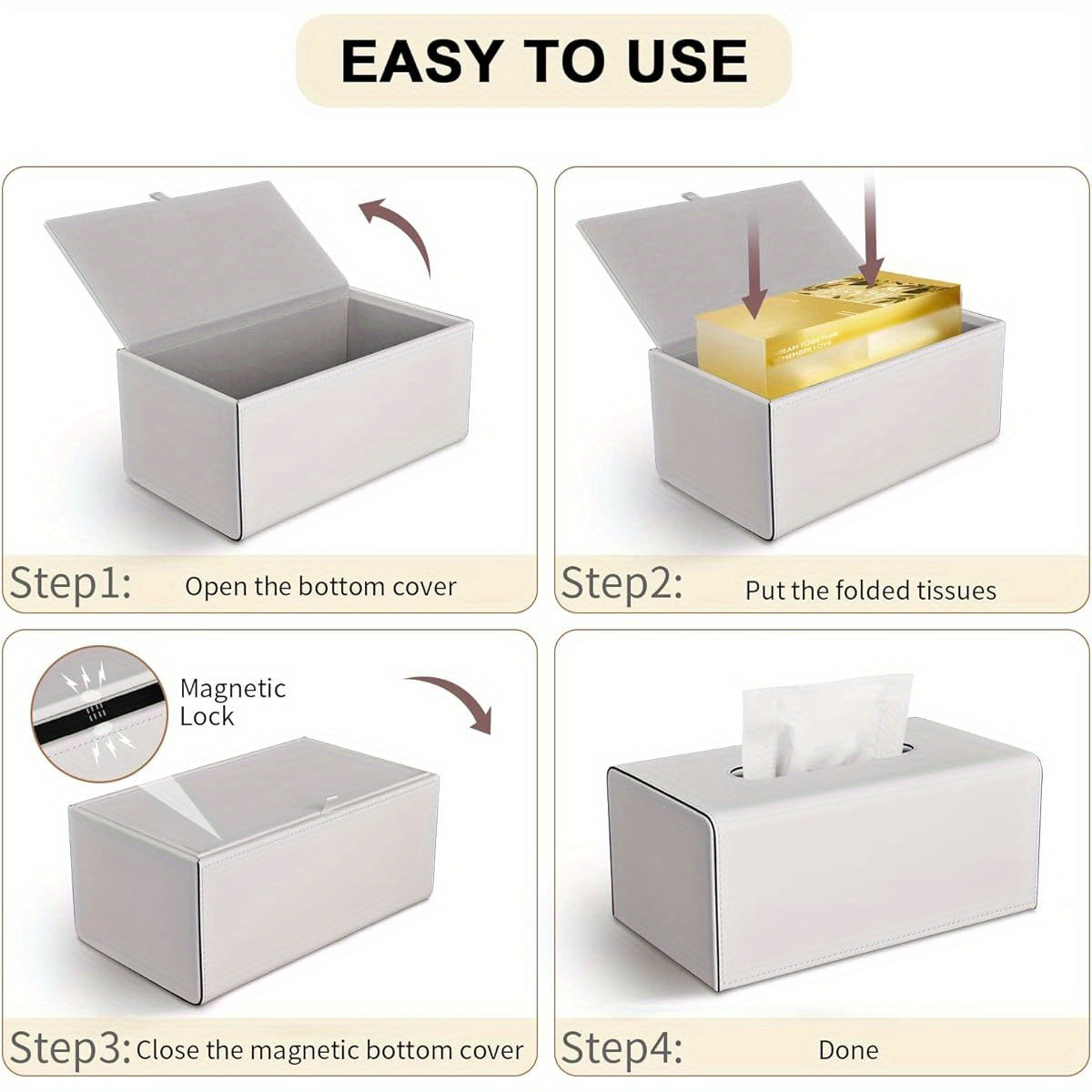 KINGFOM PU Leather Tissue Box Cover with Magnetic Closure - Modern Rectangular White Tissue Holder with Black Trim, Soft Flannel Lining & Sturdy Frame, Decorative Storage for Facial Tissues/Napkins, Fits Living Room, Office, Bedroom - Easy-Clean Surface,