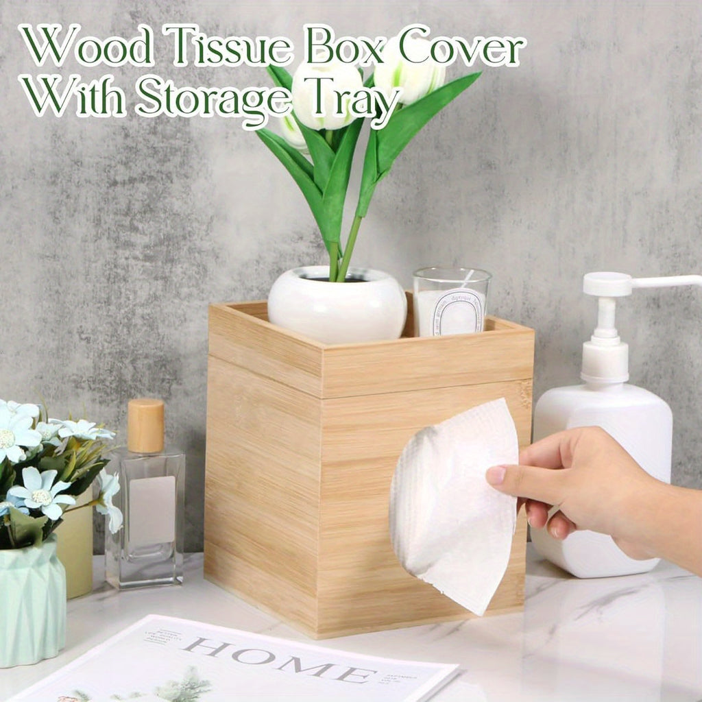 Bamboo Tissue Box Cover with Storage Tray - Square 6"x6"x7.4" Durable Plastic Holder for Bathroom, Bedroom, Office & Tabletop - High-Quality, Easy-Clean Design, Bathroom Organizer, Natural Aesthetic, Smooth Texture