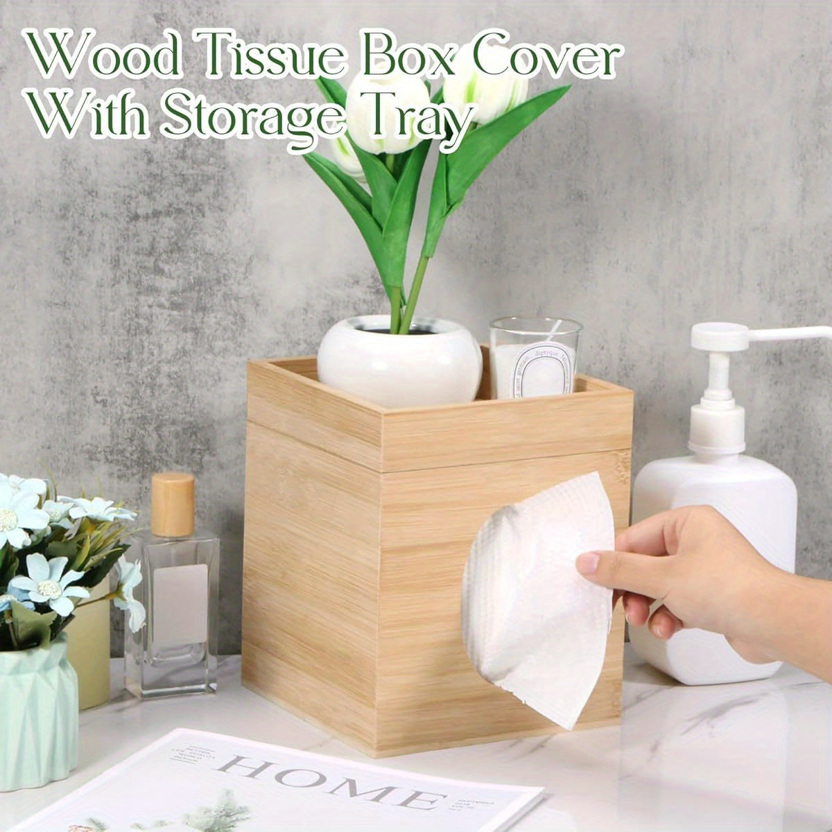 Bamboo Tissue Box Cover with Storage Tray - Square 6"x6"x7.4" Durable Plastic Holder for Bathroom, Bedroom, Office & Tabletop - High-Quality, Easy-Clean Design, Bathroom Organizer, Natural Aesthetic, Smooth Texture