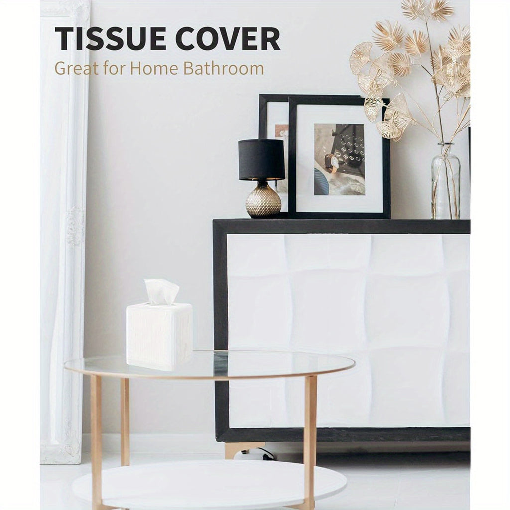 1pc Modern White Square Plastic Tissue Box Cover with Base - BPA-Free Decorative Cube Tissue Holder with Vertical Stripe Design, Easy-Open Base & Snug-Fit for Bathroom Vanity, Living Room, Bedroom, Office - Space-Saving Tissue Dispenser (5.5x5.5x6.0