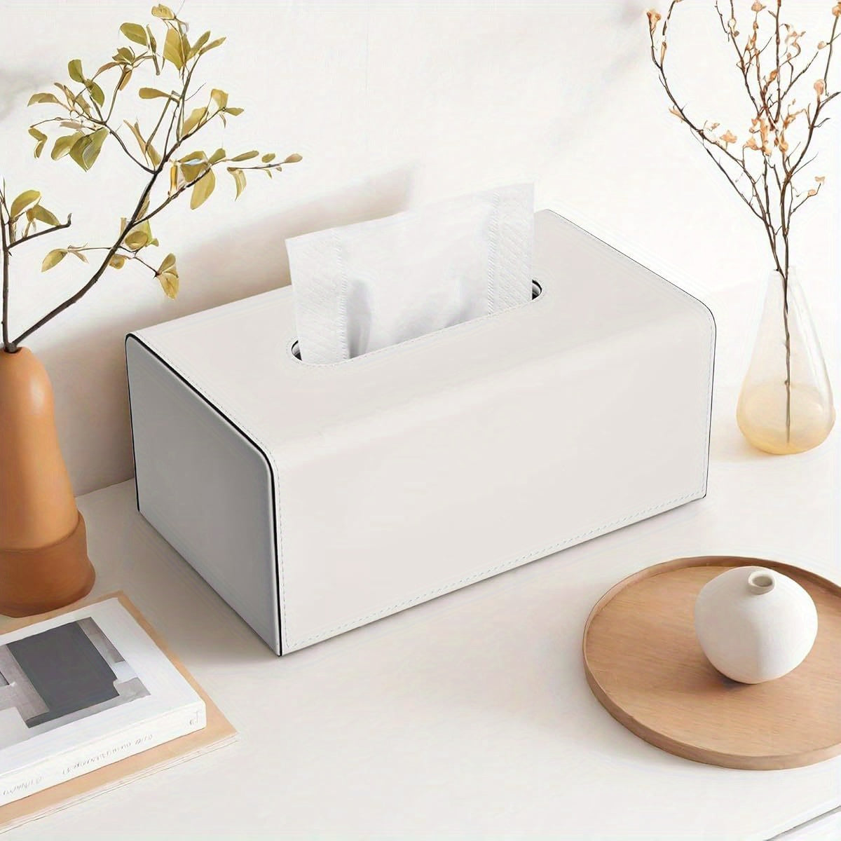 KINGFOM PU Leather Tissue Box Cover with Magnetic Closure - Modern Rectangular White Tissue Holder with Black Trim, Soft Flannel Lining & Sturdy Frame, Decorative Storage for Facial Tissues/Napkins, Fits Living Room, Office, Bedroom - Easy-Clean Surface,