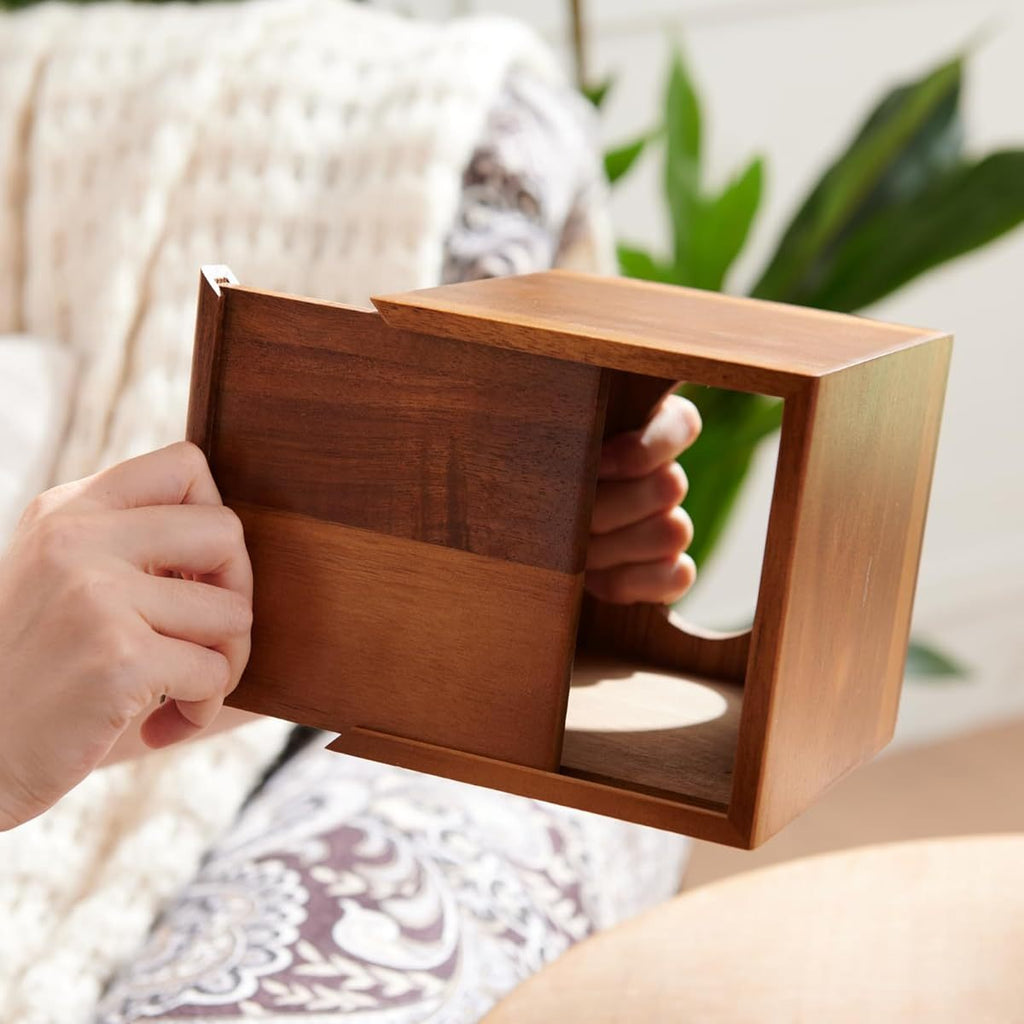 Acacia Wood-Style Plastic Tissue Box Cover - Square Decorative Cube Holder with Natural Grain Finish, 5.3x5.3x5.9 Inches, Moisture-Resistant for Bathroom, Living Room & Dining Table Decor